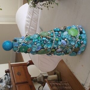 Vintage decor repurposed jewelry Christmas tree blue aqua green 10" tall